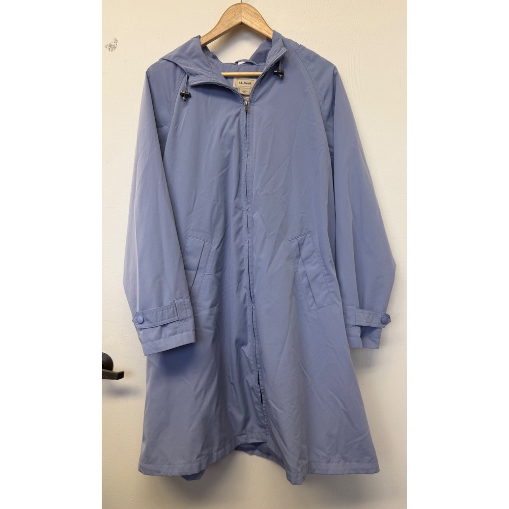 LL Bean Womens 2X Light Blue Hooded Rain Jacket Long Windbreaker Coat 0 YR98